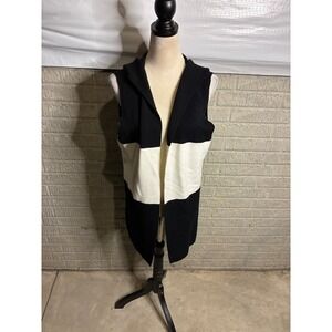 Sioni Hooded Sleeveless Vest Black White Color Block Long Cardigan Knit